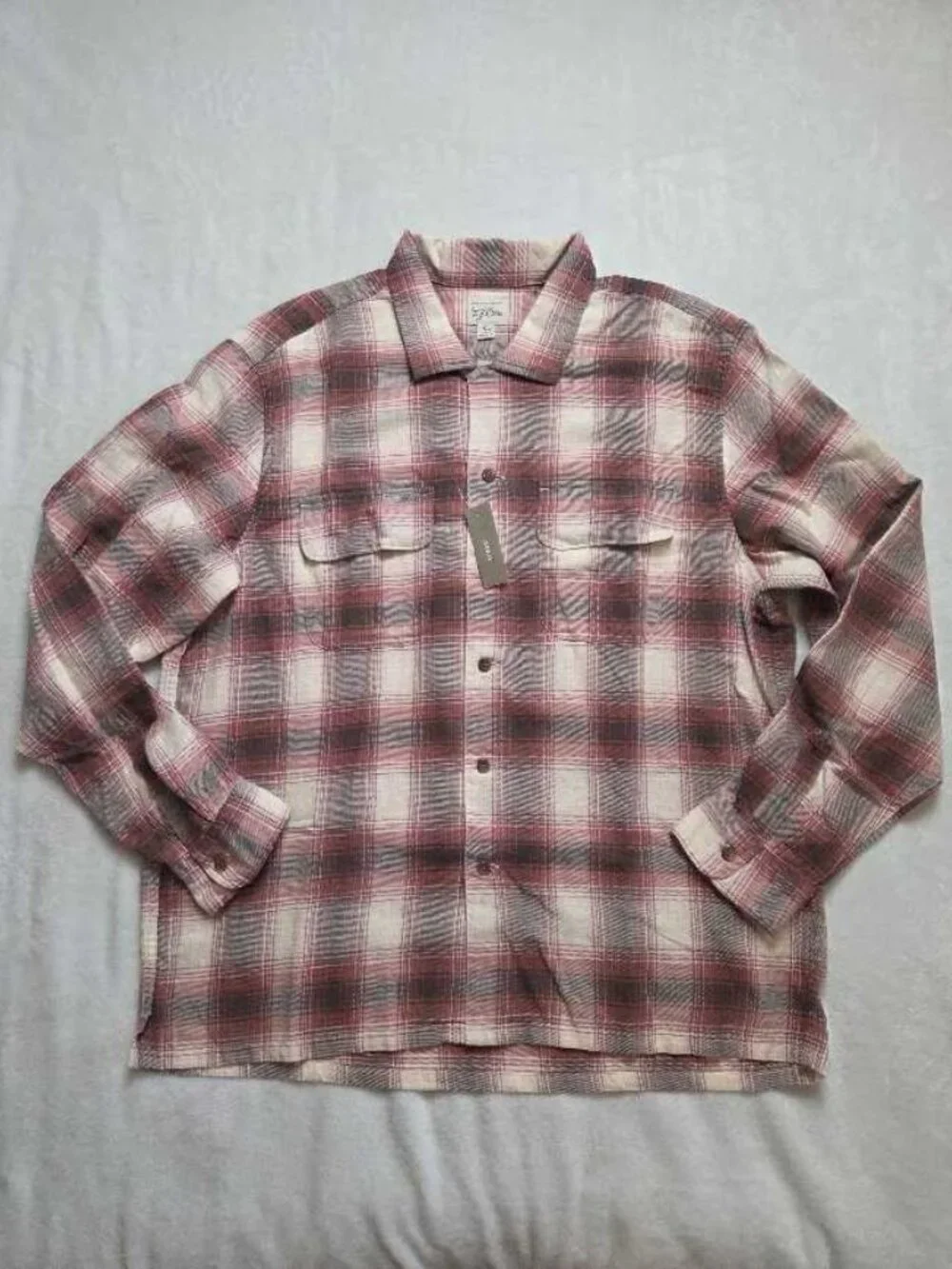 New XL J.Crew cotton hemp blend twill camp collar plaid shirt Sage Pink Brown